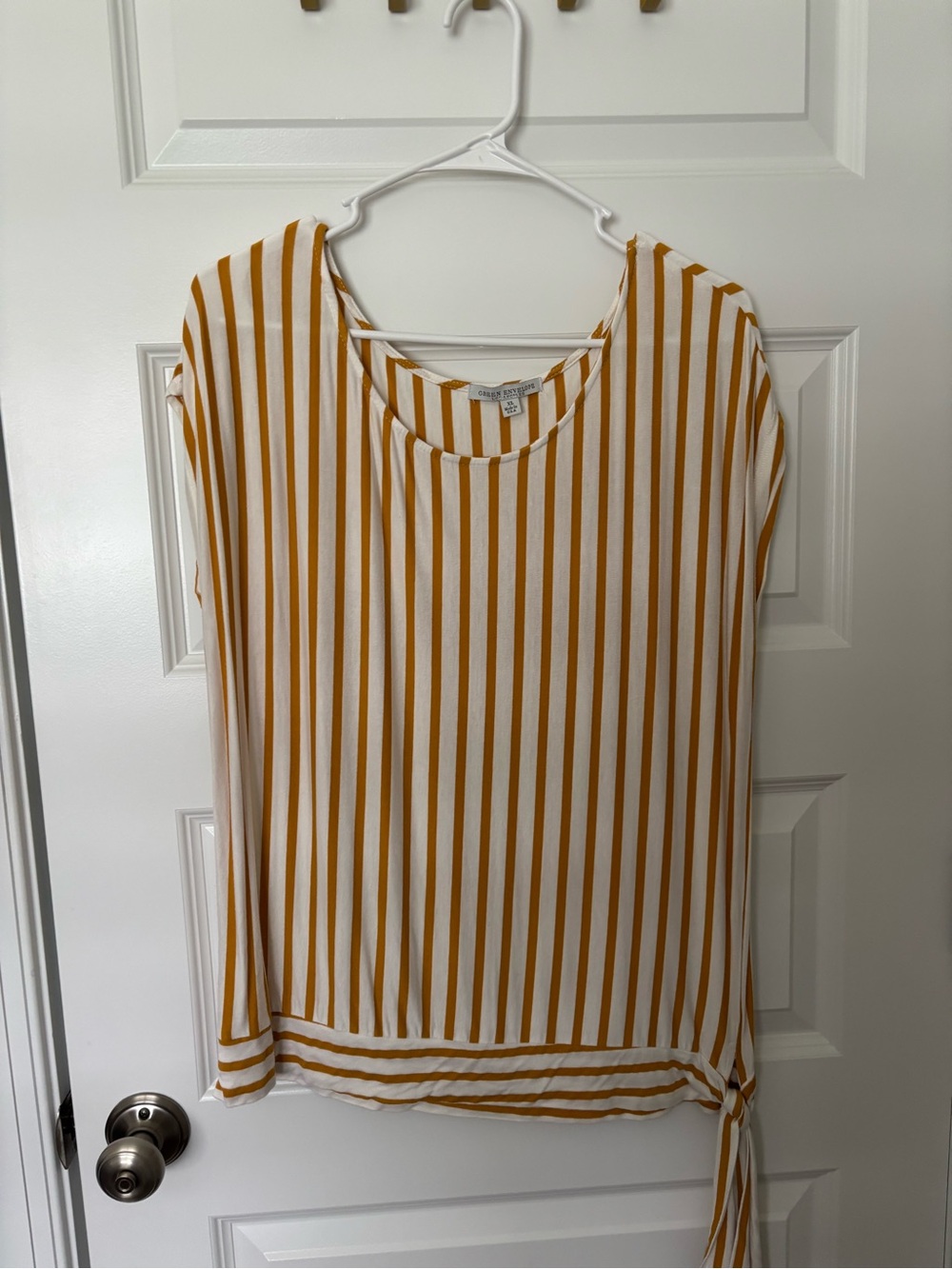 Green Envelope Vertical Stripe Tie-Hem Blouse - Mustard/White